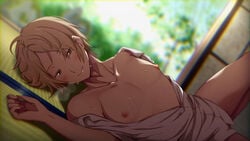 1boy blush bottomless looking_at_viewer lying male_only natsume_takashi natsume_yuujinchou nipples open_clothes smile