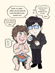 2boys black_hair boy bradley_(mr_shrink) brown_hair crush curly_hair dialogue digital_drawing_(artwork) digital_media_(artwork) english english_dialogue english_text gay_male glasses help helping idiot intellectual_disability learning_disability longing_eyes love male male/male male_only mental_disability mentally_deficient mr_shrink original original_character original_characters pills prescription_bottle romantic shilo_(mr_shrink) straight_hair wholesome