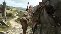 after_fellatio after_oral ai_generated ciri cum cum_drip cum_drool cum_in_mouth drool_string drooling drooling_cum equid equine handjob horse horse_penis horsecock outdoors public smile the_witcher_(series) the_witcher_3:_wild_hunt