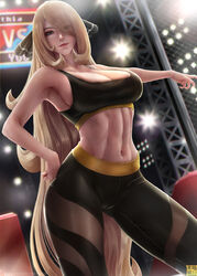 1girls abs armpit big_breasts blonde_hair breasts cameltoe cleavage clothing cynthia_(pokemon) female female_only fit human large_breasts limgae long_hair looking_at_viewer pokemon pokemon_dppt solo text url watermark