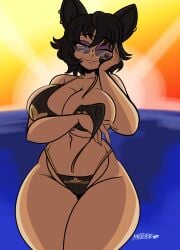 1girls animal_ears arm_on_breast big_breasts bikini bikini_bottom bikini_top black_bikini black_hair bottomwear breasts cleavage ear_piercing earrings eyeshadow eyewear female female_only hair hand_on_chest hips huge_breasts kali_belladonna legs mature mature_female mature_woman milf mother one_eye_closed purple_eyeshadow rwby smile solo solo_female sunglasses swimwear thick_thighs thighs topwear wardrobe_malfunction wide_hips wink winking yellow_eyes yinseiryu