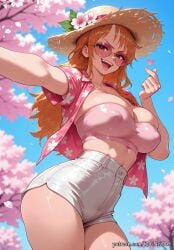 1girl 2026 ai_generated anime blue_sky boobs breasts cherry_blossoms cleavage covered_nipples crop_top crossover day eye_contact female female_focus flower hat hat_flower heart highres huge_breasts large_breasts long_hair looking_at_viewer midriff moaning nami_(one_piece) navel nsfw one_piece open_clothes open_mouth open_shirt orange_eyes orange_hair outdoors outstretched_arm patreon patreon_username pink_flower pink_shirt rognezart shirt short_shorts short_sleeves shorts sky smile smiling solo strapless straw_hat sunglasses sweat sweaty thick_thighs thighs tinted_eyewear tube_top very_long_hair white_shorts