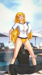 blonde_hair blush blushing closed_eyes clothed clothed_sex cunnilingus daytime eating_pussy endured_face enduring_face gym_shirt head_back koikatsu leotard leotard_aside licking_pussy moaning moaning_in_pleasure one-piece_swimsuit oral oral_sex outside pool pool_ring poolside pussy_juice rwby shirt shoes sky sneakers spread_legs sweat sweating swimsuit swimsuit_aside tagme thighs tongue tongue_on_pussy tongue_out unseen_male_face water yang_xiao_long yellow_hair