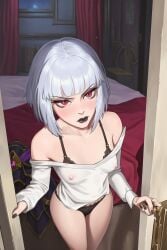 ai_generated bare_shoulders black_bra black_fingernails black_lipstick black_panties heroes_of_the_storm in_doorway orphea red_eyes short_hair white_hair white_shirt young_female