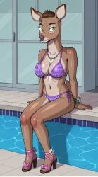 accurate_art_style ai_generated bikini bojack_horseman brown_fur cervid colored_nails corsage dark_brown_hair deer doe feet flower freckles_on_face glistening_body green_eyes high_heel_sandals high_heels humanoid_feet modeling necklace patterned_bikini penny_carson poolside short_hair side_tie_bikini side_tie_bikini_bottom sitting solo solo_female swimsuit toes two-piece_swimsuit