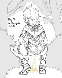 2d collei_(genshin_impact) genshin_impact girl pee peeing piss pissing squatting text urination urine