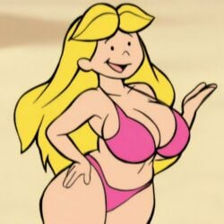 1girls aged_up ai_generated beach big_breasts bikini blonde_hair clifford_the_big_red_dog curvy_figure emily_elizabeth long_hair looking_at_viewer milf older scholastic_corporation smile solo wide_hips yellow_hair