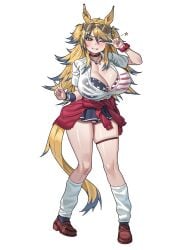 american_flag_bikini bikini_top bikini_visible_through_clothes blonde blonde-haired_female blonde_female blonde_hair blonde_hair_female blue_eyes blue_hair_tips blush blushing blushing_at_viewer blushing_female bracelet brups choker cleavage ear_piercing eyebrows eyebrows_visible_through_hair eyelashes gyaru horse_ears horse_girl horse_tail huge_breasts jacket jacket_around_waist leg_warmers necklace obey_your_master_(umamusume) peace_sign scrunchie shoes shoes_on skirt sunglasses sunglasses_on_head umamusume umamusume:_cinderella_gray