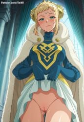 ai_generated blonde_female deik0 double_bun dress_lift fire_emblem green_eyes henriette_(fire_emblem) indoors large_breasts looking_at_viewer mature_female presenting pussy pussy_juice showing_pussy smile solo
