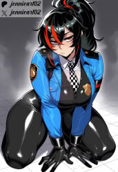 1girl ai_generated armband black_gloves black_hair black_necktie black_pants black_vest blue_jacket breasts clothing collared_shirt female full_body gloves hair_between_eyes jacket jennieart02 kneeling large_breasts latex long_hair long_sleeves looking_at_viewer multicolored_hair necktie open_clothes open_jacket pants patreon patreon_logo patreon_username police police_hat police_uniform policewoman ponytail red_eyes red_hair shiny_clothes shirt solo streaked_hair sweat thick_thighs thighs tight_pants twitter twitter_username uniform vest watermark white_shirt