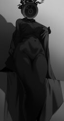 1girls black_dress clock clock_head dante_(limbus_company) genderswap genderswap_(otf) large_breasts limbus_company monochrome navel object_head project_moon sole_female solo