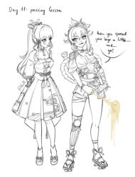 2d 2girls ayaka_(genshin_impact) genshin_impact pee peeing peeing_standing_up piss pissing text urination urine yoimiya_(genshin_impact)