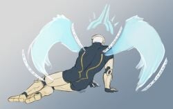 1boy angel angel_wings ass_focus dark_skin gabriel_(ultrakill) gold_armor gold_markings muscular_male pinup solo ultrakill