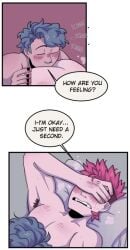 anal_penetration anal_sex armpit armpit_hair black_nails blue_hair blush blushing blushing_male covering_eyes covering_own_eyes face_in_chest face_in_pecs first_time first_time_(anal_sex) first_time_anal first_time_sex forehead_kiss gay gay_couple gay_sex gripping gripping_arm gripping_sheets hand_on_abs hand_on_waist hand_over_eyes head_in_chest head_in_pecs holding_arm holding_head kiss kissing_forehead kissing_pec laughing laying_on_another laying_on_partner laying_on_person love_hearts lying_on_another lying_on_partner lying_on_person m/m male/male male_only male_penetrating male_penetrating_male mint_(spicy_mints) mlm mullet mullet_(hairstyle) muscular muscular_male peeking peeking_through_fingers pushing_head red_hair shoving slow_penetration slow_sex spicy_mints steaming steaming_body steamy_body tsurai_(spicy_mints) webcomic webcomic_character webtoon wholesome wholesome_couple wholesome_sex