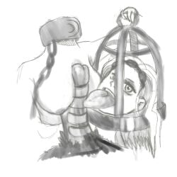 1female 1girl 1girls 2026 black_penis blowjob boobs breasts_out caged chains decapitated_head digital_art digital_drawing_(artwork) erection fanart felatio female_focus greyscale highres horny_female large_penis long_hair looking_at_viewer nipples open_mouth pov princess_(slay_the_princess) slay_the_princess solo_focus tongue tongue_out