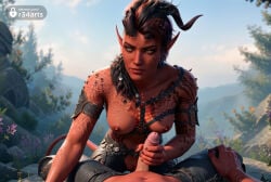 1boy 1boy1girl 1girls ai_generated arm_tattoo artist_name asymmetrical_hair baldur's_gate baldur's_gate_3 black_hair blurry blurry_background breasts broken_horn colored_skin day demon_girl demon_horns demon_tail dungeons_and_dragons female futanari handjob hetero hi_res horns imminent_fellatio karlach larian_studios looking_at_viewer medium_breasts multicolored_hair nipples outdoors penis pointy_ears pov r34arts red_hair red_skin solo_focus stomach_tattoo tail tattoo two-tone_hair uncensored undercut yellow_eyes