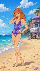 1girls ai_generated beach cartoon_network daphne_blake hanna-barbera looking_at_viewer one-piece_swimsuit orange_hair scooby-doo smile solo standing swimsuit warner_bros warner_brothers