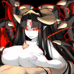 3_eyes 6_wings akumammusume_(character) big_breasts black_hair breasts censored demon energy_drain female glowing glowing_eyes grey_skin hair horn huge_breasts humanoid long_hair male membranous_wings multi_eye multi_wing outercourse paizuri penis pointy_ears psyg2 red_eyes sex slit_pupils smile straight wings