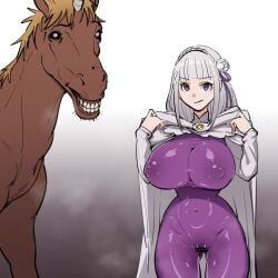 2d bangs big_breasts big_nipples cameltoe censored cloak clothed clothing elf elf_female emilia_(re:zero) equine erect_nipples female_on_feral feral feral_on_female feral_on_human grey_hair half-elf hazemug horse hourglass_figure huge_breasts human_female human_on_feral imminent_bestiality imminent_sex interspecies large_breasts looking_at_viewer narrow_waist nipple_bulge pale-skinned_female pale_skin purple_eyes re:zero_kara_hajimeru_isekai_seikatsu skin_tight slender_waist slim_waist smile smiling_at_viewer thick_thighs thin_waist tiny_waist white_hair wide_hips zoophilia