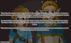 1boy 1girls blonde_hair blue_eyes blush blush_lines blushing censored english_text gold_(metal) gold_jewelry green_eyes hearts king_kirsch_(midnightundying) link link_(breath_of_the_wild) midnightundying_(artist) oc offscreen_character original_character princess_zelda royalty super_smash_bros. text the_legend_of_zelda the_legend_of_zelda:_breath_of_the_wild thought_bubble zelda_(breath_of_the_wild)