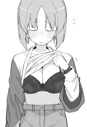 1girl bra breasts cleavage clothes_lift commentary_request girls_und_panzer greyscale henyaan_(oreizm) highres large_breasts medium_hair monochrome nishizumi_miho pants shirt_lift simple_background sweat underwear white_background