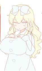 1girls artist_request blonde_hair blue_bow blue_eyes blue_pajamas bow buttons hair_bow hands_on_own_breasts huge_breasts iyowa_girls long_hair mv_character open_mouth pajamas pajamy_(character)_(iyowa) pajamy_(vocaloid) simple_background solo sweat white_background