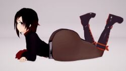 3d_(artwork) big_ass big_butt black_hair boots grey_eyes koikatsu laying_down laying_on_stomach leggings looking_at_viewer red_hair ruby_rose rwby silver_eyes smiling smiling_at_viewer