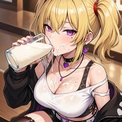 1girls ai_generated beauty_mark blonde_hair blush coco_kaine cum cum_in_container cum_in_mouth cum_on_breasts cum_on_face drinking_cum gokkun hololive hololive_japan jacket looking_at_viewer mole mole_on_breast mole_under_eye purple_eyes swallowing_cum twintails virtual_youtuber