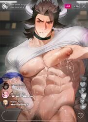 1boy abs absurdres animal_ears annoyed arknights bara blush bottle bottomless brown_eyes brown_hair clothes_lift commentary cow_boy cow_ears cow_horns cup embarrassed frown groin highres holding holding_cup horns infection_monitor_(arknights) kjerag_logo large_pectorals livestream male_focus male_lactation male_pubic_hair manly matterhorn_(arknights) milk_bottle mlynar_(arknights) muscular muscular_male navel nipples pectorals pubic_hair shirt shy sweat u-official_(arknights) uyouu19 v-taper very_sweaty w_(arknights) wang_(arknights) white_shirt wis'adel_(arknights) yaoi