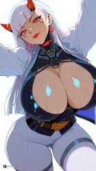 1girl ai_generated artist_name bangs belt blizzard_entertainment blunt_bangs breasts cleavage earrings heart heart_earrings horns huge_breasts jacket jewelry lips long_hair looking_at_viewer open_clothes overwatch overwatch_2 overwatch_archives overwatch_league pants patreon red_eyes sensitive shiny shion simple_background smile solo thighs tight wet white_background white_hair