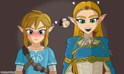 1boy 1girls blonde_hair blue_eyes blush blush_lines blushing censored gold_(metal) gold_jewelry green_eyes hearts king_kirsch_(midnightundying) link link_(breath_of_the_wild) midnightundying_(artist) oc offscreen_character original_character princess_zelda royalty super_smash_bros. the_legend_of_zelda the_legend_of_zelda:_breath_of_the_wild thought_bubble zelda_(breath_of_the_wild)