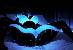 2_penises ai_generated aist_ bedroom big_breasts black_body black_skin blue_eyes blue_penis bra futanari glowing glowing_eyes glowing_genitalia glowing_hair huge_cock indoors long_penis looking_at_viewer monster_cock monster_girl shiny_skin short_hair spread_legs sweat tentacle_penis wet