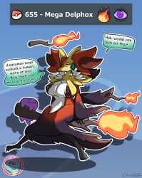 amber_eyes big_ditt_(chabble) burnet_(pokemon) chabble claws delphox ditto fire floating fluffy_tail fox fox_ears fox_girl fox_tail generation_6_pokemon mega_delphox mega_evolution pointy_ears pokemon pokemon_(species) pokemon_xy post-transformation red_body red_fur stick tagme transformation white_hair