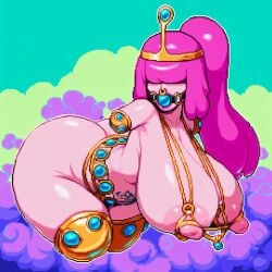 adventure_time ai_generated ball_gag bangs bangs_over_eyes bent_over big_ass big_breasts big_lips exotic exotic_dancer eyes_covered female female_focus female_only floating gem hanging_breasts large_areolae magic nipples nose_ring novelai perky_nipples ponytail princess princess_bubblegum quadruple_amputee tattoo wide_hips zobizob