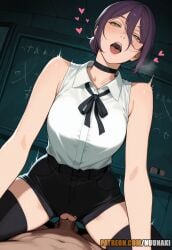 1boy 1girl ai_generated anime artist_name bare_shoulders black_choker black_ribbon black_shorts black_thighhighs blush breasts chainsaw_man chalkboard choker classroom clothed_female_nude_male clothed_sex collared_shirt cowgirl_position girl_on_top green_eyes hair_between_eyes hair_bun heart hetero hi_res high_quality high_resolution highres indoors looking_at_viewer neck_ribbon nude nuunaki open_mouth patreon patreon_logo patreon_url patreon_username penis pov purple_hair pussy reze_(chainsaw_man) ribbon sex shirt shirt_tucked_in short_hair short_shorts shorts sleeveless sleeveless_shirt solo_focus straddling teeth thighhighs tongue torn_clothes torn_shorts uncensored vaginal watermark white_shirt