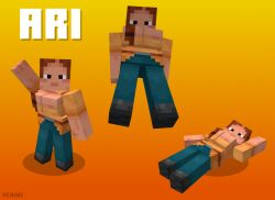 1girls 3d 3d_(artwork) ari_(minecraft) belt black_pupils blockbench blocky_anatomy blocky_body blush boob_window braid brown_hair cubic_breasts female_only from_below fully_clothed fully_clothed_female hair_over_breasts large_breasts looking_at_viewer lying_on_back microsoft minecraft mojang pants shoes short_sleeves trousers waving yellow_shirt