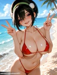 1girl ai_generated arlequin097 avatar_legends avatar_the_last_airbender bare_shoulders beach bikini black_hair blue_sky blush breasts cleavage cloud collarbone covered_nipples day double_v hairband highleg highleg_bikini large_breasts looking_at_viewer navel nickelodeon ocean one_eye_closed outdoors palm_tree pom_pom_(clothes) red_bikini short_hair sky smile solo stomach swimsuit toph_bei_fong tree v water wet