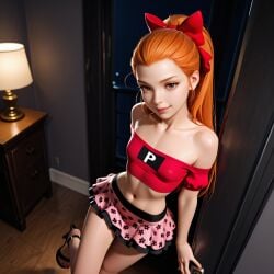 ai_generated bedroom blossom_(powerpuff_girls) crop_top doorway high_heels off_shoulder petite petite_body petite_female powerpuff_girls skirt the_powerpuff_girls