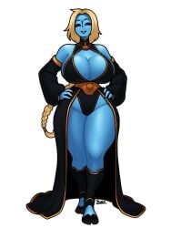 1girl 1girls 2d 2d_artwork alien alien_girl artist_signature background black_iris blonde blonde_female blonde_hair blue_skin boobs boobs_bigger_than_head breasts breasts_bigger_than_head busty clothed clothed_female commission dress female female_focus female_only long_hair purple_eyes revealing_clothes seductive_smile smiling smiling_at_viewer tau thick_thighs thighs_bigger_than_head warhammer_(franchise) warhammer_40k
