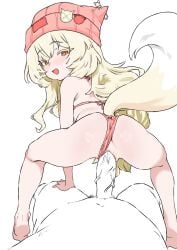 1boy 1girl ass bikini bikini_bottom_aside blonde_hair blush clothing_aside commentary_request commission erection fox_tail hat hetero highres korean_commentary lilururung long_hair looking_at_viewer looking_back open_mouth original penis pink_bikini pink_hat pov pussy sex simple_background smile solo_focus swimsuit tail vaginal white_background
