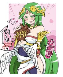 !!! 1boy 1girls age_difference angel angel_wings areola between_breasts big_breasts blush breasts brown_hair clothing duo female femdom goddess green_eyes green_hair hair hug kid_icarus kid_icarus_uprising large_breasts long_hair nintendo older_female open_mouth palutena pit pit_(kid_icarus) simple_background text wings younger_male