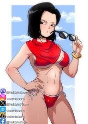 1girls android_17 bikini black_eyes black_hair dragon_ball dragon_ball_super dragon_ball_z female female_only femboy kerchief red_bikini rule_63 sissy solo_female sunglasses valkiriacore