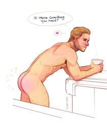 1boy ass ass_focus blonde blonde_hair blonde_male boys_only butt_naked cullen_rutherford dragon_age dragon_age_inquisition drinking drinking_coffee focus_on_ass fully_naked_male fully_nude fully_nude_male kauriart male male_only mug naked naked_male speech_bubble