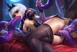 ai_generated black_eyeshadow black_lipstick black_panties black_pantyhose clothed_sex creampie crown cum cum_in_pussy cum_inside cum_on_breasts cum_on_thighs double_handjob double_penetration fellatio handjob heroes_of_the_storm orphea panties_aside purple_dress purple_tentacles red_eyes small_breasts tentacles triple_penetration white_hair