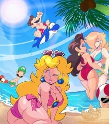 ass beach bikini bikini_bottom bikini_top blonde_hair blue_bikini bubble_ass bubble_butt busty butt laying_down laying_on_floor laying_on_ground laying_on_side looking_at_viewer looking_back luigi mario mario_(series) nintendo one-piece_swimsuit pauline_(mario) pink_bikini princess_peach princess_rosalina red_swimsuit toad_(mario) two-piece_swimsuit winking_at_viewer