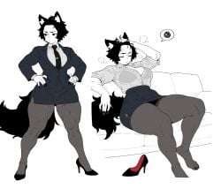 1girls animal_ears bra bra_visible_through_clothes breasts business_suit chengchezhiice clawed_feet clawed_toes claws ears frustrated heels high_heels multiple_poses muscular_thighs pencil_skirt short_skirt skirt speech_bubble stockings sweaty tagme thick_thighs tie tie_clip tight_skirt white_background white_button_down_shirt white_shirt