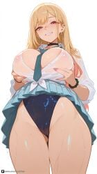 1girl ai_generated artist_name bangs bead_bracelet beads between_breasts black_choker blonde_hair blue_necktie blue_skirt blush bracelet breast_lift breasts cameltoe choker cleavage collared_shirt covered_nipples ear_piercing earrings from_below grabbing_own_breast grin highleg highleg_swimsuit jewelry kitagawa_marin large_breasts long_hair long_sleeves looking_at_viewer marin_kitagawa my_dress_up_darling necktie one-piece_swimsuit patreon piercing plaid plaid_skirt pleated_skirt questionable red_eyes school_uniform see-through shirt simple_background skirt smile solo swimsuit swimsuit_under_clothes thighs tied_shirt wet wet_clothes white_background white_shirt
