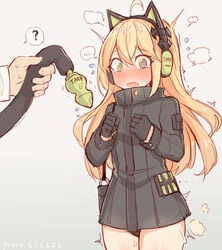 ... ? @_@ animal_ears bag bangs black_coat black_gloves black_panties blonde_hair blush cat_ears cat_tail character_name clenched_hands cowboy_shot embarrassed eyebrows_visible_through_hair fake_animal_ears fake_tail female flying_sweatdrops fume girls'_frontline gloves green_eyes grey_background headphones high_collar long_hair long_sleeves mou_tama_maru no_pants nose_blush oerba_yun_fang open_mouth panties shoulder_bag solo_focus spoken_ellipsis spoken_question_mark surprised sweat tail tareme tearing_up tmp_(girls_frontline) underwear wavy_mouth