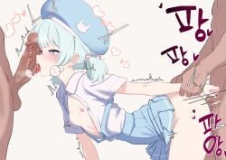 1girl 2boys absurdres aqua_hair bent_over beret blue_skirt blush breasts commentary_request dashed_eyes drooling erection fellatio grabbing_another's_arm group_sex hair_rings half-closed_eyes hat heart heart-shaped_pupils hetero highres korean_commentary licking licking_penis mmf_threesome motion_lines multiple_boys nipples oldsickkim open_clothes open_mouth open_shirt oral original penis sex sex_from_behind shirt skirt small_breasts standing_doggystyle symbol-shaped_pupils threesome tongue tongue_out twitching veins veiny_penis white_shirt