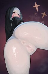 1girl absurdres artist_request ass coif commentary_request commission covered_anus covered_pussy from_below highres korean_commentary looking_at_viewer looking_down multicolored_hair no_panties nun open_mouth original pantyhose pink_hair puffy_short_sleeves puffy_sleeves second-party_source short_sleeves solo sweat two-tone_hair white_hair white_pantyhose